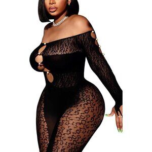 Women Long Sleeve Fishnet Body Stocking Leopard Rhinestone Body Suits Jumpsuit